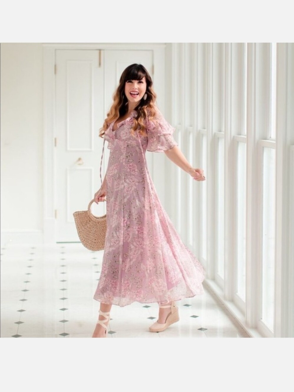 Gal Meets Glam Shelby Floral Pink Midi Dress with Ruffle Sleeves